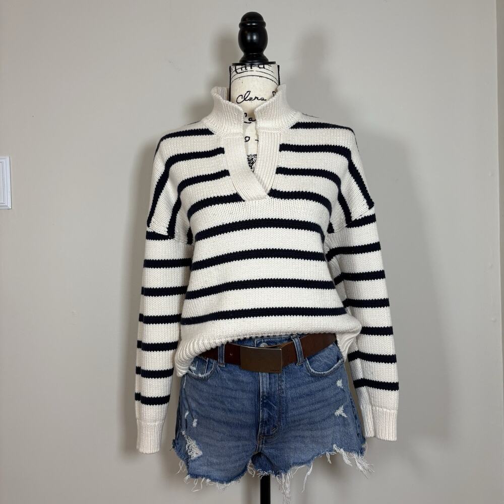 A Loves A Striped Polo Sweater Cream Black Split V-Neck Chunky Knit Pullover S